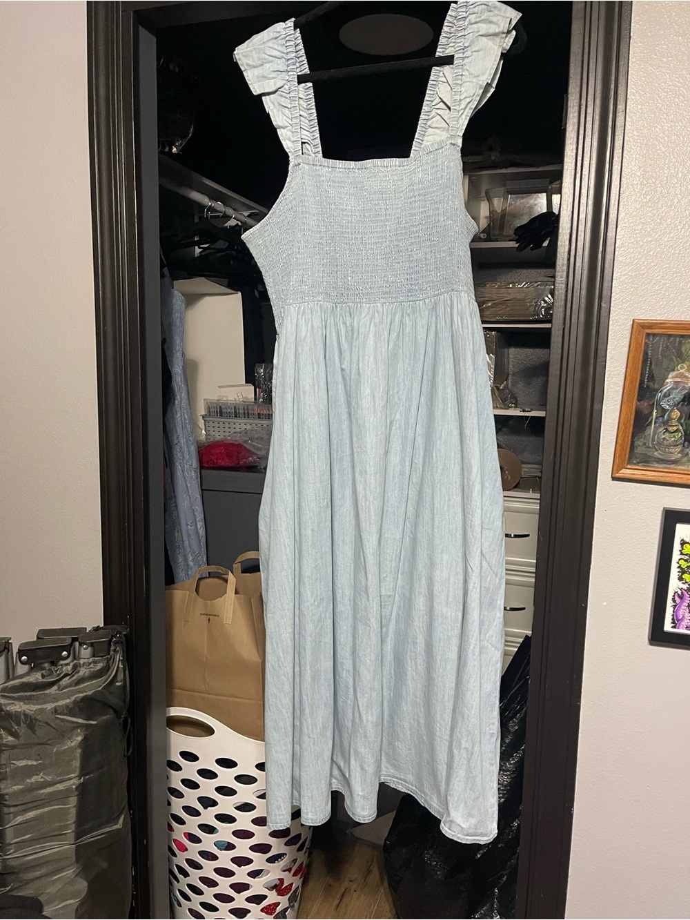 dip Light Wash Denim Smocked Maxi Dress with Pockets